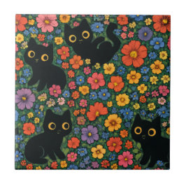 Kawaii Garden Art | Cute Black Cat Floral Pattern Fliese