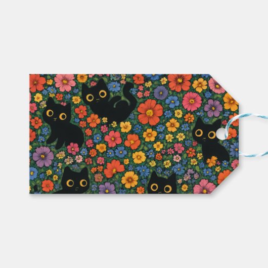 Kawaii Garden Art | Cute Black Cat Floral Pattern Geschenkanhänger (Vorderseite (Horizontal))