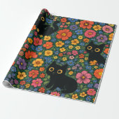 Kawaii Garden Art – Cute Black Cat Floral Pattern Geschenkpapier (Ungerollt)