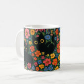 Kawaii Garden Art | Cute Black Cat Floral Pattern Kaffeetasse (Vorderseite Links)