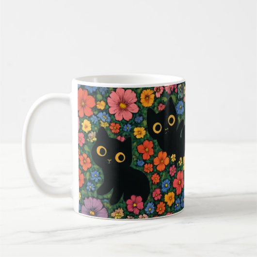 Kawaii Garden Art | Cute Black Cat Floral Pattern Kaffeetasse (Links)
