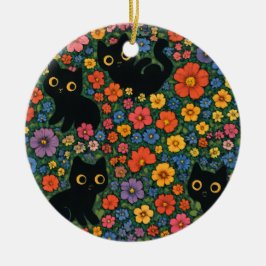 Kawaii Garden Art | Cute Black Cat Floral Pattern Keramik Ornament