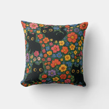 Kawaii Garden Art | Cute Black Cat Floral Pattern