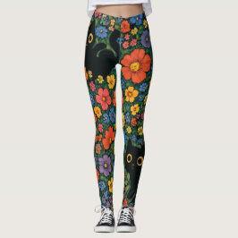 Kawaii Garden Art – Cute Black Cat Floral Pattern Leggings