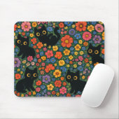 Kawaii Garden Art – Cute Black Cat Floral Pattern Mousepad (Mit Mouse)