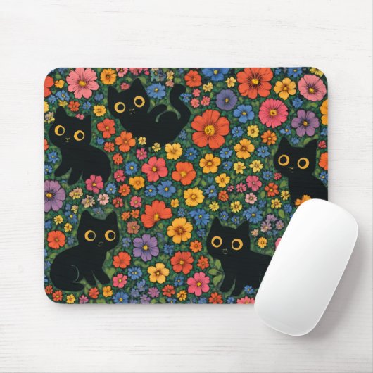 Kawaii Garden Art – Cute Black Cat Floral Pattern Mousepad (Mit Mouse)