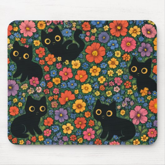 Kawaii Garden Art – Cute Black Cat Floral Pattern Mousepad (Vorne)