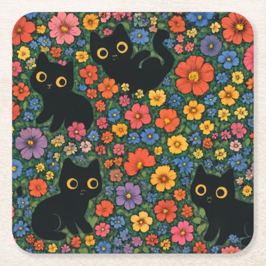 Kawaii Garden Art | Cute Black Cat Floral Pattern Rechteckiger Pappuntersetzer (Vorderseite)