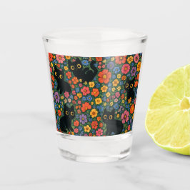 Kawaii Garden Art | Cute Black Cat Floral Pattern Schnapsglas