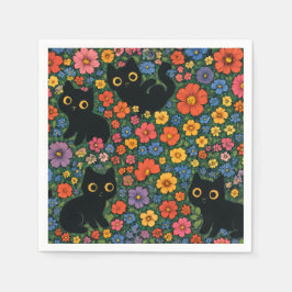 Kawaii Garden Art | Cute Black Cat Floral Pattern Serviette
