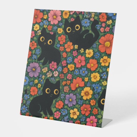Kawaii Garden Art – Cute Black Cat Floral Pattern Sockelschild (Vorderseite)