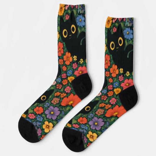 Kawaii Garden Art | Cute Black Cat Floral Pattern Socken (Linkes Detail)