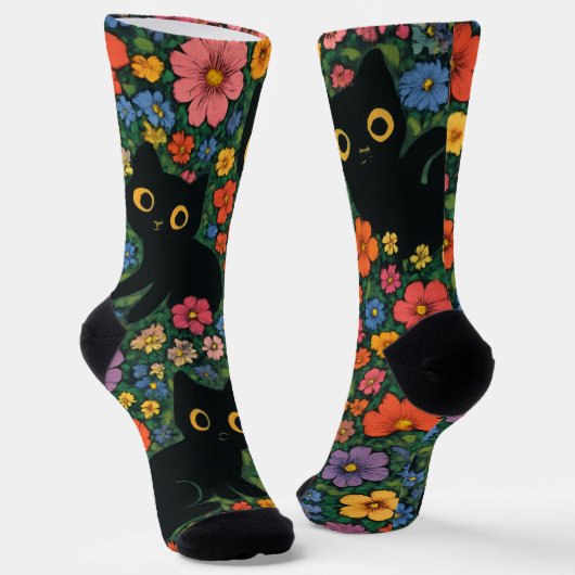 Kawaii Garden Art | Cute Black Cat Floral Pattern Socken (Gewinkelt)