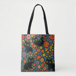 Kawaii Garden Art | Cute Black Cat Floral Pattern Tasche