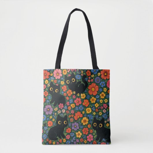 Kawaii Garden Art | Cute Black Cat Floral Pattern Tasche (Vorderseite)
