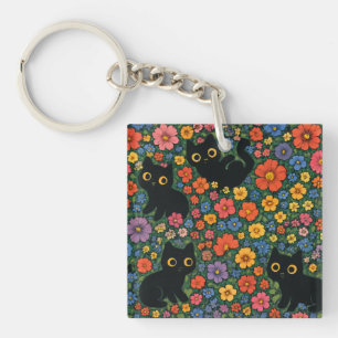 Kawaii-Gartenkunst Süße schwarze Katze Blumenmus Schlüsselanhänger