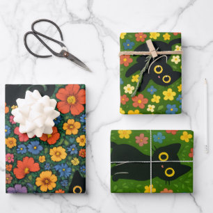 Kawaii-Gartenkunst – Süßes schwarzes Katzen-Blumen Geschenkpapier Set