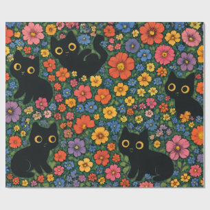 Kawaii-Gartenkunst – Süßes Schwarzkatzen-Blumenmus Geschenkpapier