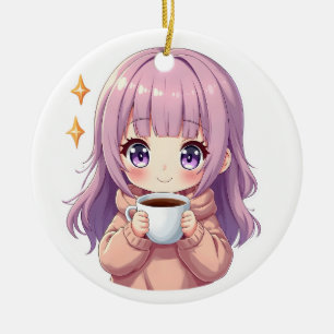 Kawaii Gemütliches Kaffee Mädchen – Pastell-Ästhet Keramik Ornament