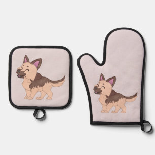 Kawaii German Shepherd Dog Ofenhandschuh & Topflappen-Set