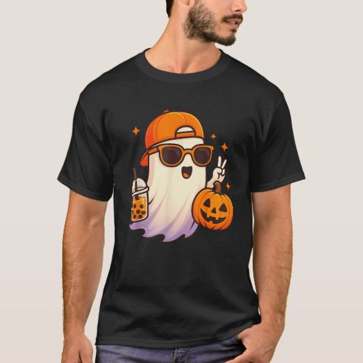 Kawaii Ghost Drinking Pumpkin Boba Tea Cute Ghost T-Shirt (Vorderseite)