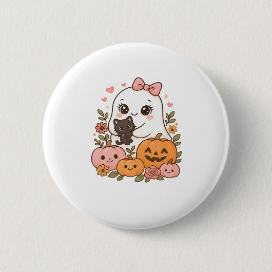 Kawaii Ghost Halloween Black Cat Pumpkin Fall Spoo Button (Vorderseite)