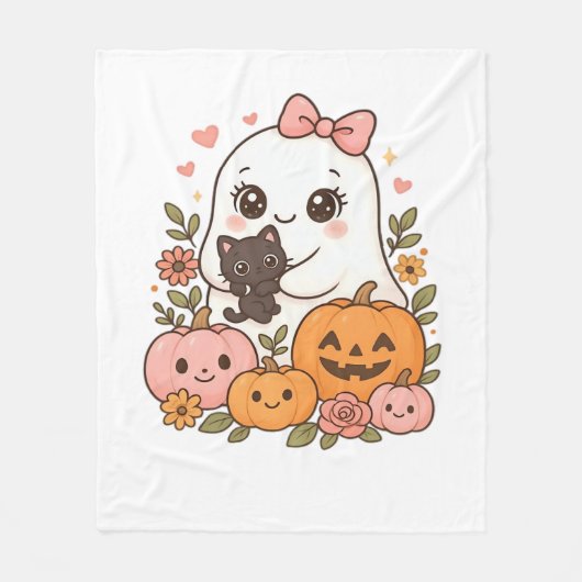 Kawaii Ghost Halloween Black Cat Pumpkin Fall Spoo Fleecedecke (Vorderseite)