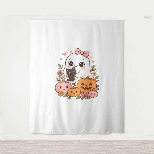Kawaii Ghost Halloween Black Cat Pumpkin Fall Spoo Wandteppich (Vorderseite)