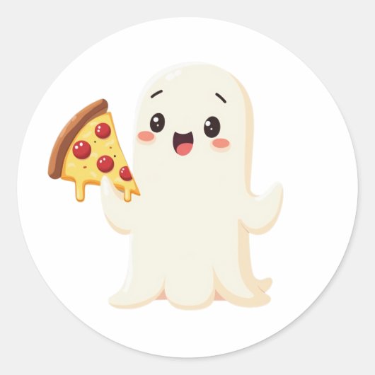 Kawaii Ghost mit Pizza Runder Aufkleber (Vorderseite)