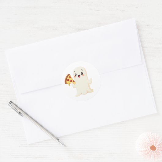 Kawaii Ghost mit Pizza Runder Aufkleber (Umschlag)