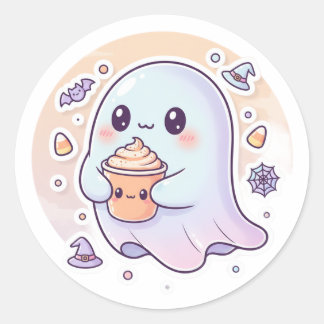 Kawaii Ghost mit Pumpkin Latte - Niedliches Hallow Runder Aufkleber