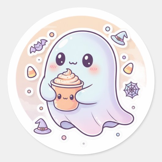 Kawaii Ghost mit Pumpkin Latte - Niedliches Hallow Runder Aufkleber (Vorderseite)