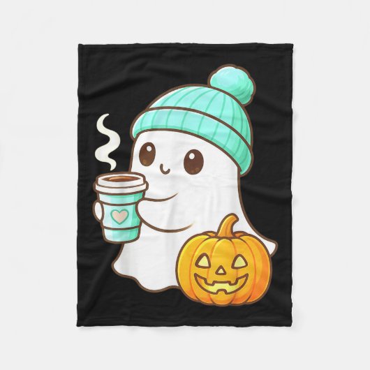 Kawaii Ghost With Pumpkin Coffee Cozy Halloween Au Fleecedecke (Vorderseite)