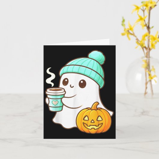 Kawaii Ghost With Pumpkin Coffee Cozy Halloween Au Karte (Gelbe Blume)