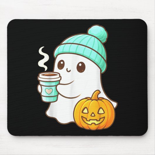 Kawaii Ghost With Pumpkin Coffee Cozy Halloween Au Mousepad (Vorne)