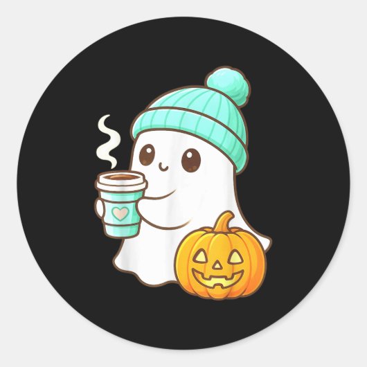 Kawaii Ghost With Pumpkin Coffee Cozy Halloween Au Runder Aufkleber (Vorderseite)