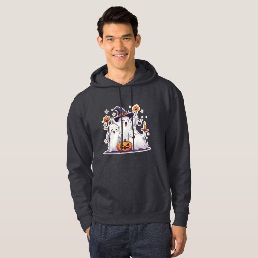 Kawaii Ghosts Halloween Hoodie- Gray Sweatshirt (Vorne ganz)