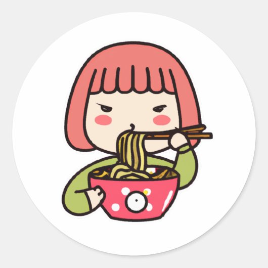 Kawaii Girl frisst Ramen mit Chopsticks Runder Aufkleber (Vorderseite)