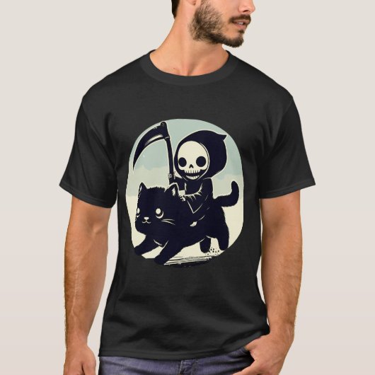 Kawaii Grim Sensenmann Reiten auf schwarzer Katze T-Shirt (Vorderseite)