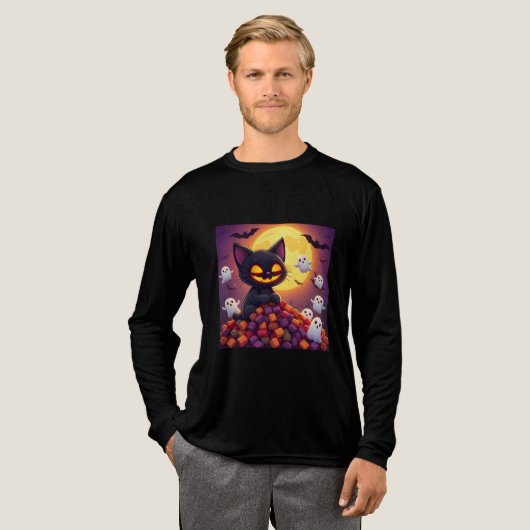 Kawaii Halloween Black Cat Art Tri-Blend Shirt (Volle Vorderseite)