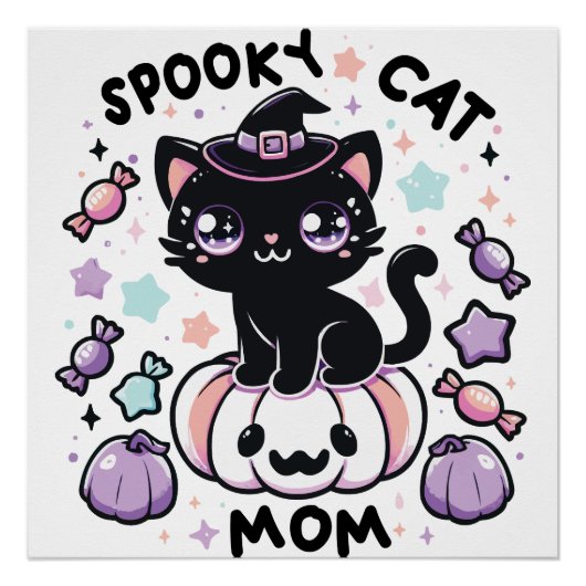 Kawaii Halloween Cat – Cute Witch Kitty on Pumpkin Poster (Vorderseite)