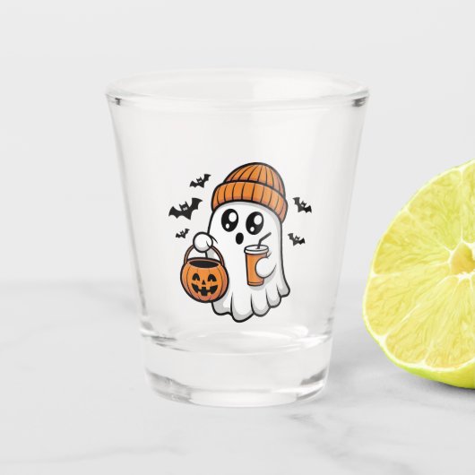 Kawaii Halloween-Geist Orange Mütze Herbstgeist Schnapsglas (Vorderseite)