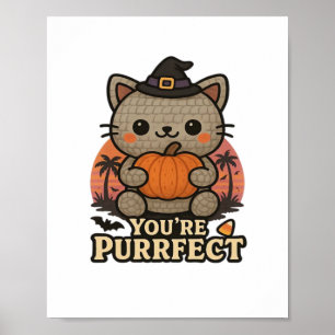Kawaii Halloween Katze mit Kürbis, Niedlich Hexenk Poster