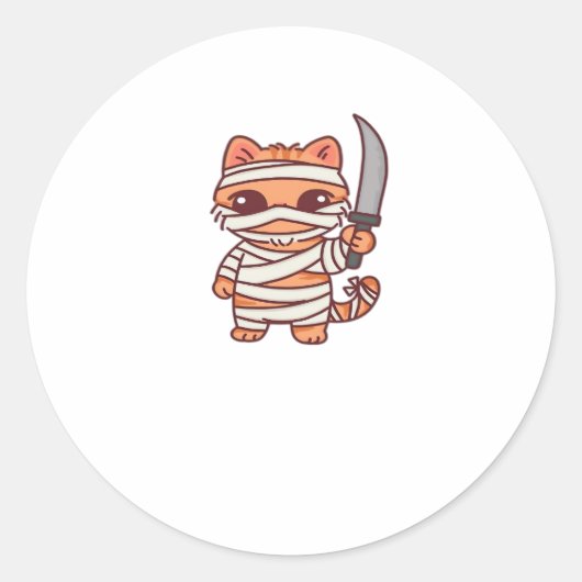 Kawaii Halloween Mummy Cat mit Sword Classic T-Sh Runder Aufkleber (Vorderseite)