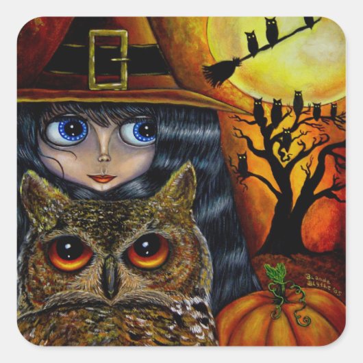 Kawaii Halloween Owl Hexenpuppe mit Big Eyes Quadratischer Aufkleber (Vorderseite)
