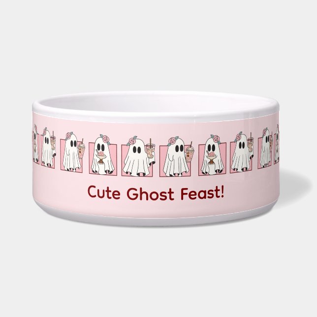 Kawaii Halloween Pet Bowl - Niedlich Pink Ghosts & Napf (Vorderseite)