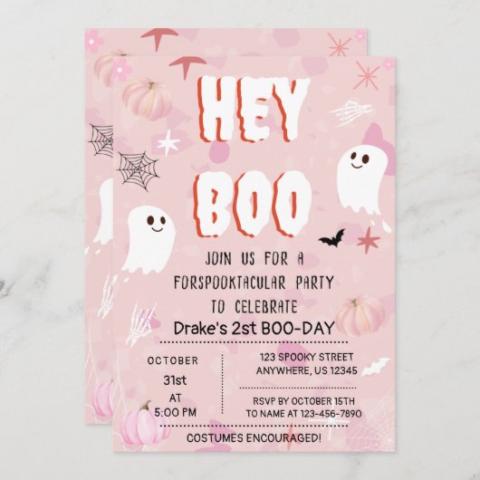 Kawaii Halloween Pink Ghost Birthday Hey Boo Einladung (Vorne/Hinten)