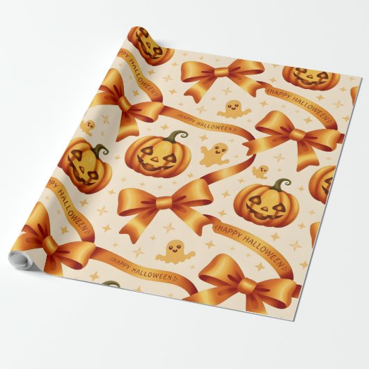 Kawaii Halloween Pumpkin & Bows Gift Wrapping Papa Geschenkpapier (Ungerollt)