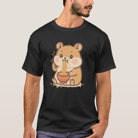 Kawaii Hamster Eating Ramen - Chubby Cheek Noodle T-Shirt (Vorderseite)