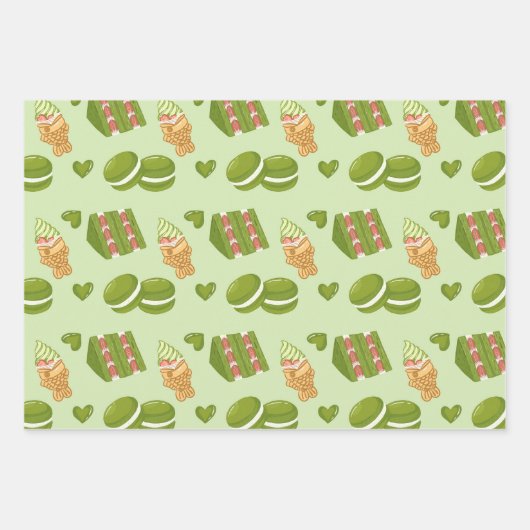 Kawaii Hand-Drawn Matcha Sweets Seamless Pattern Geschenkpapier Set (Vorderseite)